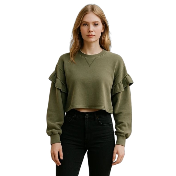 7 For All Mankind Green Cropped Ruffle Sweater Y2K Grunge Streetwear Medium NWT - Picture 1 of 8